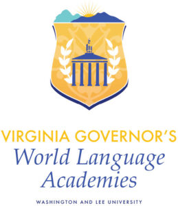 Logo for the Virginia Governor's World Language Academies at Washington and Lee University, featuring a yellow crest with a blue classical building, laurel leaves, and mountains with a rising sun.